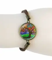 Vivid Bright Tree of Life Cabochon Charm Suede Lobster Clasp Fashion Bracelet