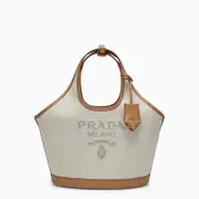 [Prada] Large shopping bag in linen and leather blend with logo One size Beige