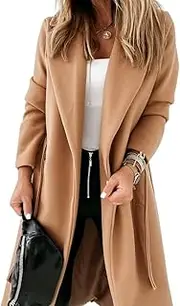 [Ladiyo] Womens Classic Coat Lapel Collar Open Front Belted Long Jacket
