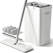 JOYMOOP Mop and Bucket Set with Wringer, White Flat Mops for Floor Cleaning, Wall Cleaner with Long Handle, Hardwood Floor Mop with 3 Microfiber Pads
