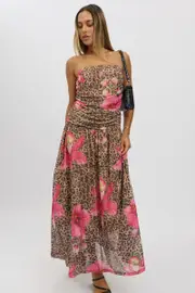 Multi Animal Print Maxi Dress Strapless Drop Waist Mesh - Size 16XL, Women's Maxi Dress
