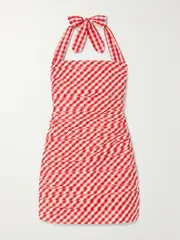 [BERNADETTE] BERNADETTE - Tippy Gingham Pleated Taffeta Halterneck Mini Dress - Red - FR 42 FR 42 Red