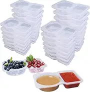 Double Compartment Condiment Containers with Lids, 2 Compartment Snack Containers, Portion Cups Reusable Plastic Snack Container for to-go Sauce, Sampling, Travel Snack 20PCS Transparent