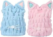 CENZICOM Hair Drying Towels, Cute Bath Towel Wrap, Quick Drying Bath Cap for Women & Girls,Set of 2（Blue+Pink）