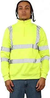 [Janisramone] Mens Hi Vis Fleece Workwear Quarter Zip Jumper Men, Long Sleeves 1/4 Zip Work Jumper for Men Reflective Banding in Front Back Shoulders - Hi Vis Sweatshirt with Elasticated Cuffs Waist