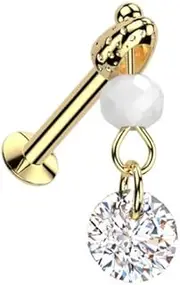 [Pierced Owl] 16GA 316L Stainless Steel Threadless Push In Dangling Faux Pearl and Crystal Flat Back Stud