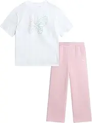 [PUMA] Girls' Pants Set - 2 Piece Short Sleeve Crewneck Fashion Graphic Tee Shirt and French Terry Flare Pants for Girls (7-14)