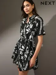 Black/White Mini Broderie Short Sleeve Tie Waist 100% Cotton Shirt Dress (AH5753) | $105