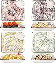 Eorbow 4 Pack Dumpling Plate with Dipping Saucer, 7.5" Ceramic Chips and Dip Plate, Reusable Japanese Sushi Platter, Divided Square Serving Dishes for Home Kitchen Appetizer Snack Salad Fries Gyoza