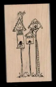 Judith birdhouses wood block rubber hand stamp (S-26) quirky bird birds house