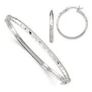 Avariah Solid Sterling Silver Diamond Cut 4mm Bangle and 3mm Hoop Earring Set