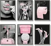 [Luodroduo] Fashion Wall Art Bathroom Decor Prints Set of 6 Pink Glam Glitter Tissue Canvas Posters Pictures Photos Bathroom Artwork Wall Black and White Modern Women Funny Bathroom (8"x10" UNFRAMED)