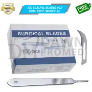 100 Sterile Surgical Blades #12 with FREE BP Scalpel Handle #3 Medical German Gr
