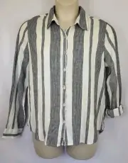 Orvis Womens Top Shirt Sz Medium Blue White Long Sleeve Button Front Linen Blend