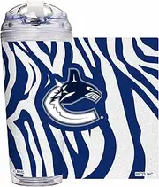 Rico Industries NHL Hockey Vancouver Canucks Zebra Stripes 24oz Acrylic Glitter Tumbler with Hinged Lid, Officially Licensed Double Wall Tumbler with Straw