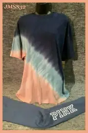 Victoria's Secret Pink Tie Dye Tee Shirt + Leggings Set Old School Blue OS M