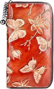 [GUZUHUKU] 1pcs Women's Long Wallet Vintage Genuine Leather Purse with Removable Wristlet Wallet Case with Credit Card Holder Money Pouch Travel Zip Wallet Coin Cash Card Gift, Brown, Vintage