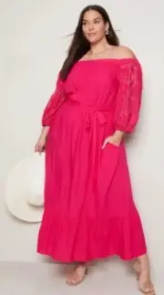 Plus Size 28 Autograph Lace Sleeve Off Shoulder Maxi Summer Dress