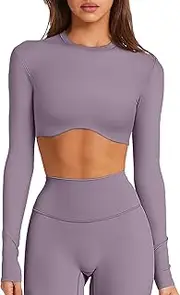 [OSTAUG] Double Lined Long Sleeve Crop Tops for Women Sexy High Neck Workout Tops Athletic Gym Shirts Running Cropped Tops