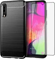 [Asuwish] Phone Case for Samsung Galaxy A70 with Tempered Glass Screen Protector Cover and Slim Thin Soft TPU Cell Accessories Protective Glaxay A70S A 70 Gaxaly 70A S70 Women Men Carbon Fiber Black