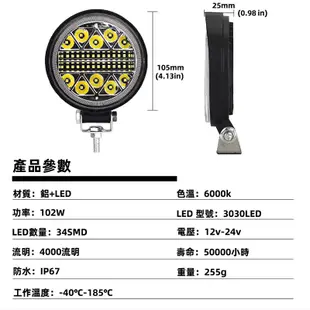 102W LED工作燈 日行燈 車用霧燈探照燈 12-24V 越野投射燈 卡車 機車 山貓 大燈 汽車露营徒步旅行