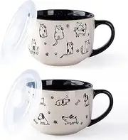 AmorArc 32 Ounces Ceramic Soup Mugs with Lids and Handle, Stoneware Bowls Cup Set of 2 for Soup, Stew, Noodle, Beautiful Mug Bowls With Lovely Dog,Cat Patterns, Microwave&Dishwasher Safe, Black