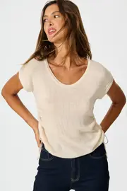 Opal Knit Top Cap Sleeve in Beige Cotton Blend S/M