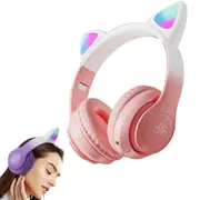 Wireless Headphone LED Cat Ear Bluetooth 5.3 Kids Headsets for PC Smartphone -Pink