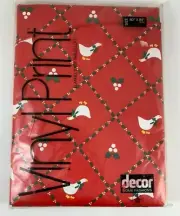 Vintage Red Christmas Goose Print Flannel Back Vinyl Tablecloth Oval Size 60x84