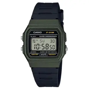 【CASIO 卡西歐】復古方形電子男錶 樹脂錶帶 黑色錶面 防水 碼錶功能(F-91WM-3A)