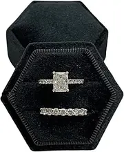 [Velvet Treasures] Double Slots Hexagon Velvet Ring Box Vintage Style Storage Box for Engagement Flat Lay & Wedding Ceremony Black