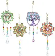 AFUNTA 4 PCS Diamond Art Paintings Kits, DIY Diamond Art Paintings Sun Catchers Windchimes Double Sided Crystal Flowers & Trees Diamond Art Window Decor