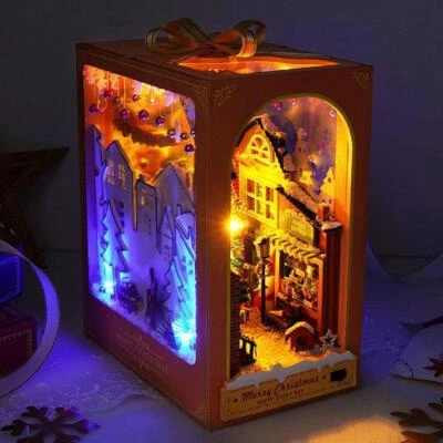 DIY Wooden Book Nook Shelf Insert Kit Miniature Merry Christmas G Bookshelf