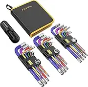AMTOVL 27PCS Allen Key Set, Metric SAE Allen Wrenches Set with T-Handle, Extra Long Ball & Star End Hex Key Set with Color Coding, SAE 1/16-3/18, Metric 1.5-10mm,Star T10-T50 for Bicycle Household DIY