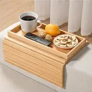 Bamboo Sofa Arm Tray Portable Coffee Snack Tray Foldable Storage Organizer Non-Slip Couch Caddy Cup Holder Armrest Table Ideal for Snacks Drinks Remote Control and More
