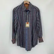 Robert Graham Laurel plaid brown blue shirt cotton rainbow stripe new XL X-Large