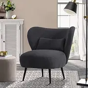 [OIKITURE] Armchair with Lumbar Pillow and Wingback Velvet Lounge Sofa Accent Chair Charocal