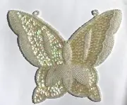 White X-Large 6" Butterfly Beaded Sequined Sew-On Applique Craft Patch Vintage