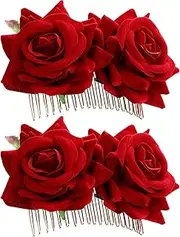 Bememo 2 Pack Women Rose Flower Hair Clip Rose Side Combs Flamenco Flowers Day of The Dead Costumes Mexican Hair Accessories for Wedding Party Mother's Day(Red)
