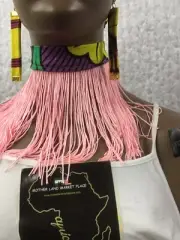 African Ankara Kente Wax Print Pink Fringe Tassel Trim Choker Necklace One Size
