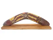 14" / 35cm BOOMERANG + STAND -HARDWOOD- ALISON YELLOW RED- ABORIGINAL, AUSTRALIA