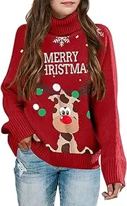 [SPR&JOY] Girls Christmas Turtleneck Sweaters, Kids Long Sleeve Chunky Knit Pullover, Winter Xmas Warm Cute Funny Jumper Tops