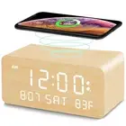 Wooden Digital Alarm Clock with Wireless Charging, 0-100% Adjustable Brightne...