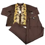 Stacy Adams Pant Set Mens 42X34 Brown Geometric Shirt Formal Streetwear Jazz NEW
