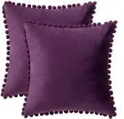 2x Square Throw Pillows with Cute Pom-pom for Couch Sofa Bedroom Decor (Inserts + Pillow Covers, Purple)