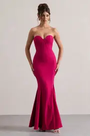 Idyllic | Hot Pink Strapless Corset Style Fishtail Maxi Dress
