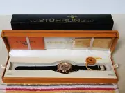 Stuhrling Mens ST 90089 Skeleton Watch Rose Gold Automatic 44MM Black Leather