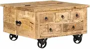[vidaXL] Rough Mango Wood Coffee Table with Wheels Living Room Accent Table Cocktail Holder Couch Side Snack Table Home Office Furniture