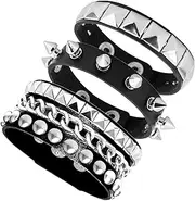 [Tosmifairy] 3 Pieces Punk Rock Leather Bracelets for Women Pop 80s 90s Emo Jewelry Accessories Retro Spiked Adjustable Wrap Wrist Cuffs