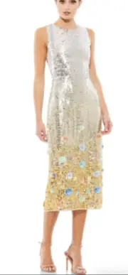 MAC DUGGAL 10691 HIGH NECK FLORAL 3D ACCENTS SILVER MULTI DRESS sz 8